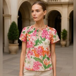 CeCe Pink and Orange Puff Sleeve Blouse with Tie Front 🌷